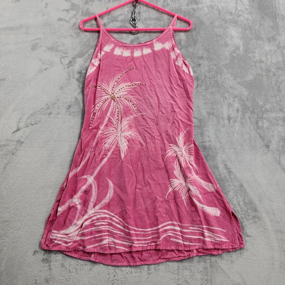 Vintage Raya Sun Dress Womens M Pink Tie Dye Beaded Palm Tree Sundress Beach